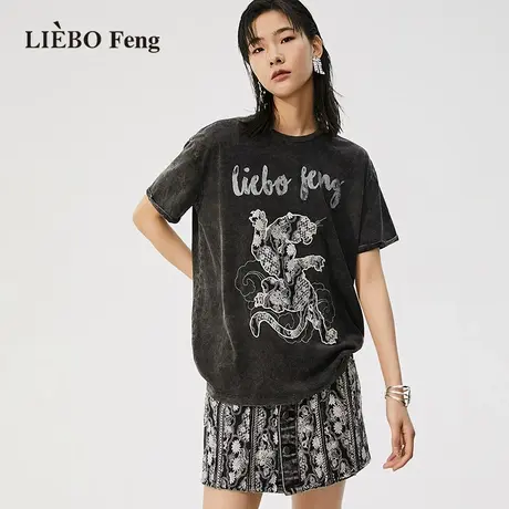 裂帛LIEBOFeng原创设计复古ins时髦宽松慵懒风民族刺绣短袖T恤女商品大图