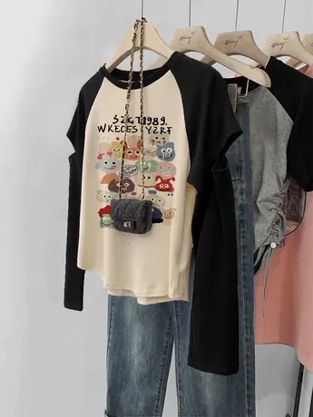 长袖T恤女复古辣妹风chic大码小众设计感打底衫潮ins秋季撞色上衣商品大图