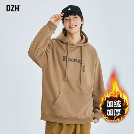 男生美式加绒卫衣男重磅纯棉冬季卡其色上衣运动帽衫2023新款男装图片