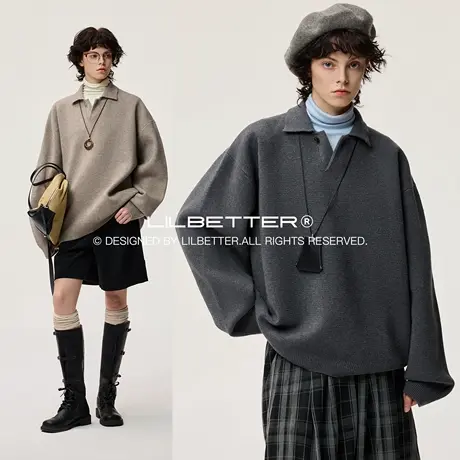Lilbetter慵懒翻领加厚宽松休闲毛衣男冬季老钱风POLO领针织衫LB图片
