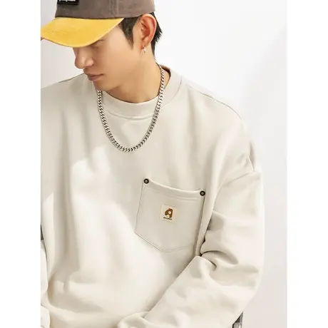 男士日系重磅卫衣男秋季圆领2023年新款杏色质感上衣休闲套头外套商品大图