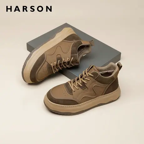 哈森男鞋冬季加绒棉鞋男户外休闲工装鞋男款真皮高帮鞋厚底板鞋男商品大图