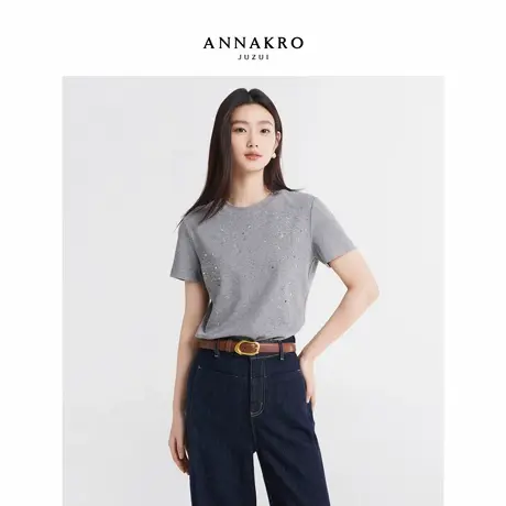 玖姿安娜蔻简约时尚无龄感闪耀烫钻圆领短袖T恤女2026春季新款图片