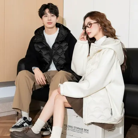 唐狮冬季新款情侣羽绒服轻薄连帽针织拼接直充绒短款外套男潮TD商品大图