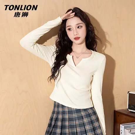 唐狮官方v领长袖t恤女2026春秋新款小个子修身显瘦紧身内搭上衣VB图片