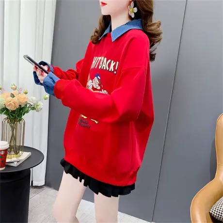 红色牛仔领拼接卫衣女春季2023年新款韩版宽松洋气假两件减龄上衣商品大图