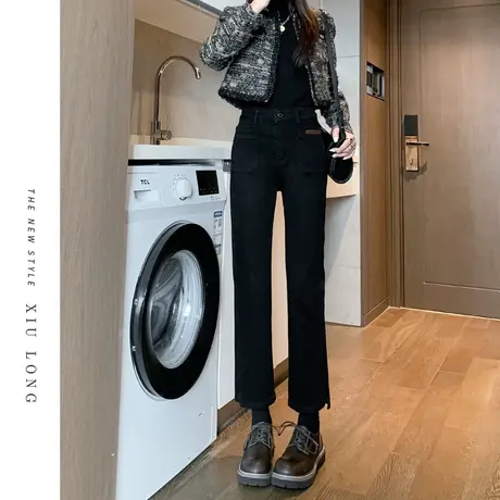 黑色直筒牛仔裤女秋季2023新款高腰弹力修身显廋小个子大码烟管裤商品大图