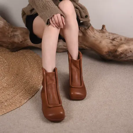 Artmu阿木原创定制复古方头短靴平底靴子女2023新款真皮短筒靴图片