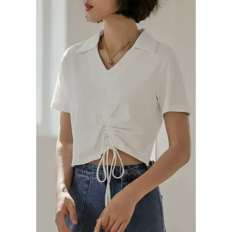 弥古法式v领抽绳上衣女设计感小众正肩polo领t恤纯棉短袖针织衫夏商品大图