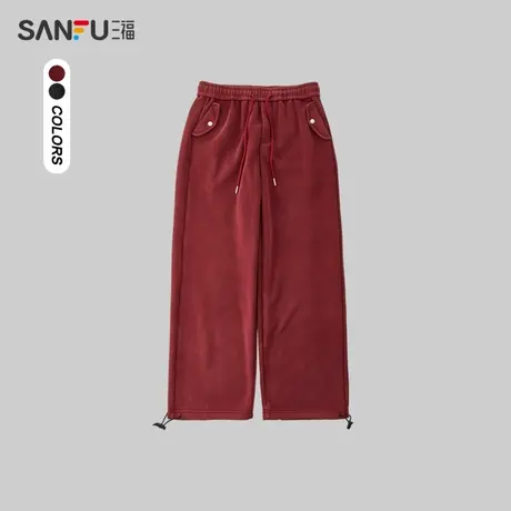 三福2023冬男士洗褪针织口袋按扣重磅卫裤 宽松直筒长裤477214商品大图