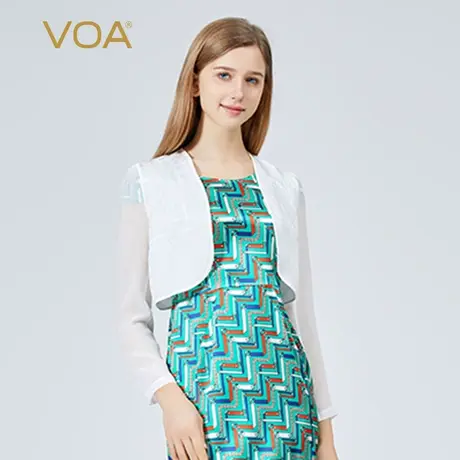 VOA真丝提花拼接乔其纱长袖短款防晒衣 百搭空调衫 素白锦缎外套图片