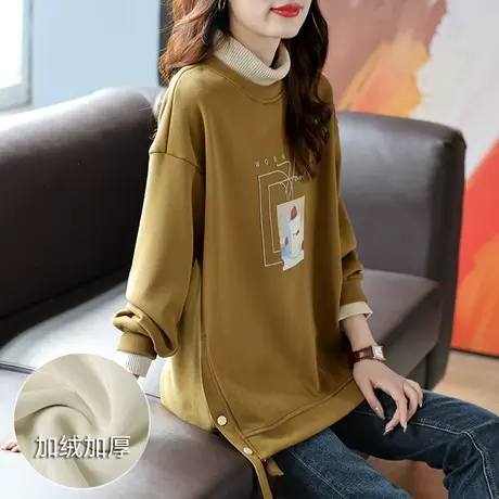 宝诗黎假两件加绒卫衣女装2023新款韩系设计感半高领印花长袖上衣商品大图