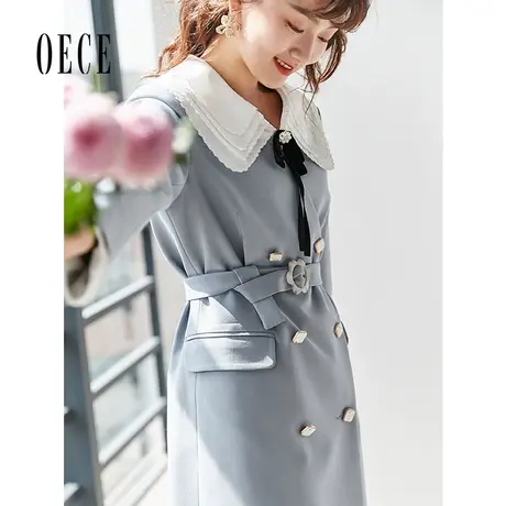 【买1送1】Oece春装优雅大气质英伦V领双排扣风衣中长款外套商品大图