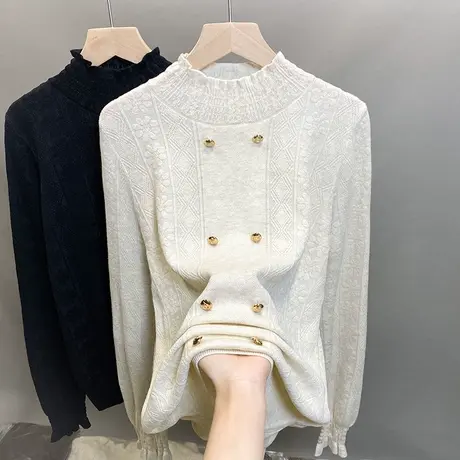 半高领毛衣女蕾丝打底衫2023秋冬新款套头喇叭袖针织衫内搭上衣潮商品大图
