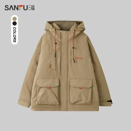 三福2023冬男士撞色印花户外羽绒服 保暖宽松连帽外套男473028商品大图