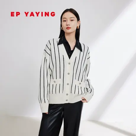 EP雅莹女装 羊毛羊绒简约竖条纹绒感针织开衫 2024早春新品9176A图片