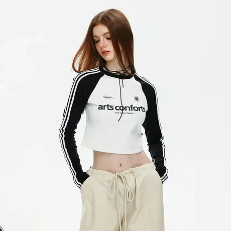 条纹正肩长袖t恤女2023新款秋季美式复古插肩袖紧身辣妹BM短上衣图片