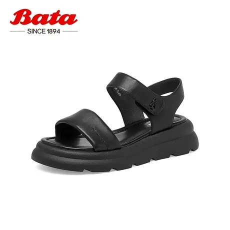 奥莱Bata厚底凉鞋女夏商场新款羊皮松糕通勤一字带凉鞋AVI02BL3图片