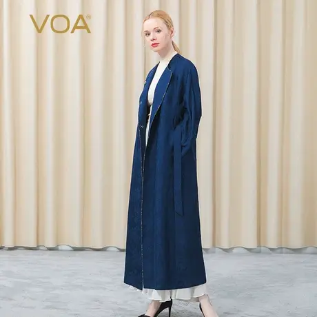 VOA38姆米真丝提花深蓝圆领包边装饰绑带收腰风琴褶桑蚕丝外套商品大图