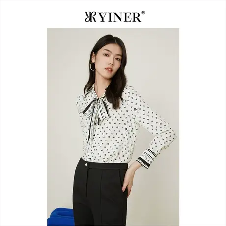 *【轻奢真丝】YINER音儿女秋印花蝴蝶结飘带真丝衬衫商品大图