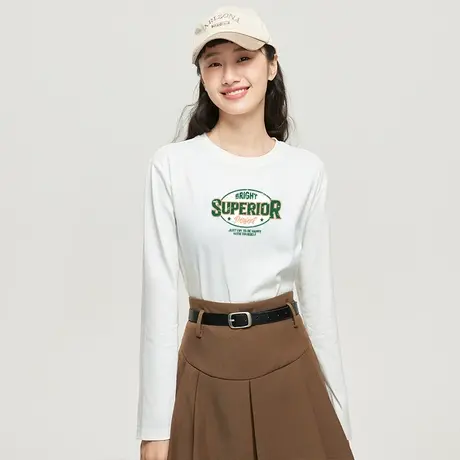 真维斯Z+女装 撞色印花长袖T恤百搭舒适纯棉圆领上衣X图片