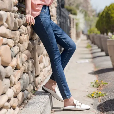 桔熊春秋季外穿小脚裤子女竹节布纹弹力牛仔长裤胖妹妹大码BA4037图片