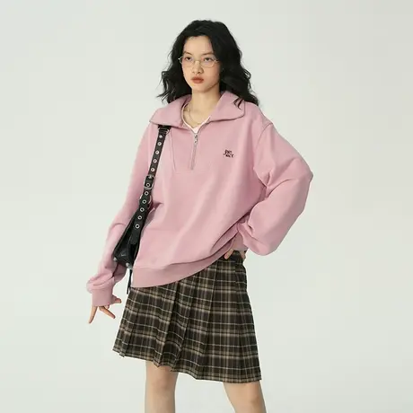 omont蛋挞家 粉色拉链polo领卫衣女冬季新款复古宽松加绒上衣商品大图