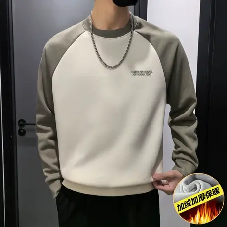 潮牌拼色加绒卫衣男秋冬新款小众简约插肩袖ins冬款加厚长袖上衣图片