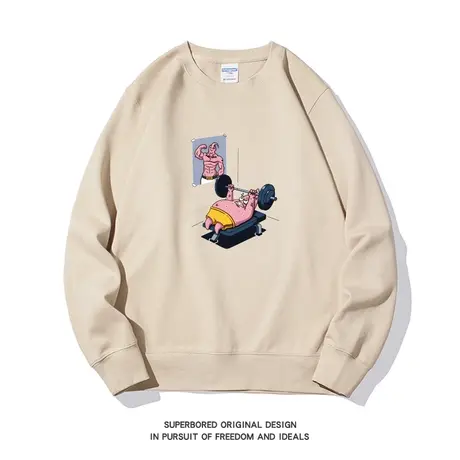 趣味卡通健身举重印花卫衣男秋冬潮牌宽松休闲圆领套头上衣服图片