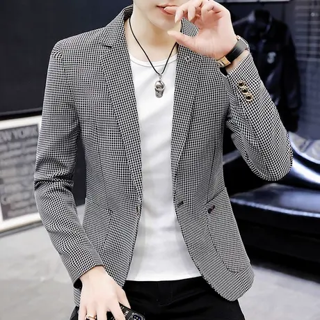 春秋季新款西服男士帅气百搭上身男装单件外套潮流休闲格子小西装图片