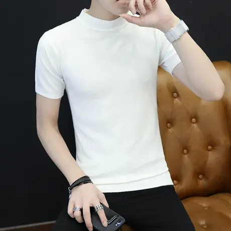 2025夏季短袖t恤男针织半高领薄款纯色男士半袖打底秋冬潮流毛衣图片