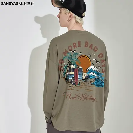 木村三社SANSYAS 秋季休闲纯棉t恤长袖男印花日落宽松青少年上衣商品大图
