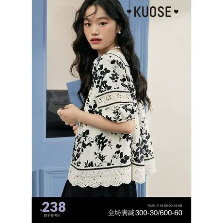 阔色方领黑白碎花短袖衬衫女2023新款夏泡泡袖宽松衬衣娃娃衫上衣商品大图