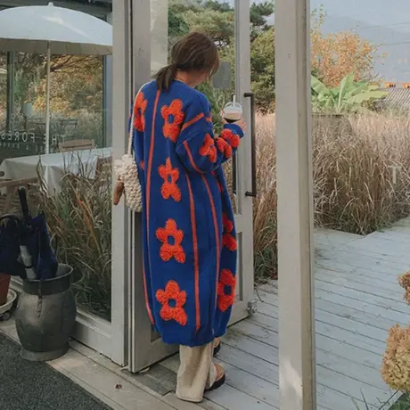 纯诗曼秋冬新款毛针织开衫女中长款韩版宽松大码钩花毛衣休闲外套图片