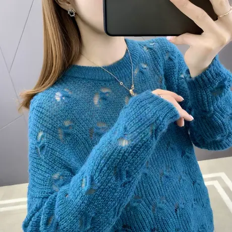 春装2023年新款春季镂空马海毛毛衣女薄款针织衫上衣罩衫宽松外穿商品大图