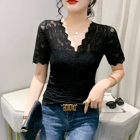 性感气质蕾丝上衣女短袖夏季欧货时尚镂空V领T恤修身高腰雷丝小衫商品大图