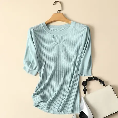 冰丝针织衫短袖t恤女2024春夏新款圆领宽松显瘦薄款打底衫女上衣商品大图