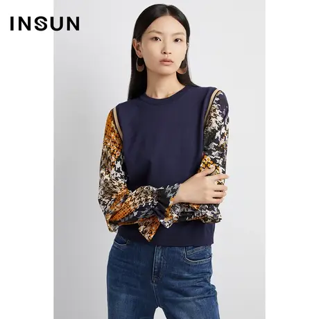 INSUN恩裳线上专选秋季拼接千鸟格印花袖衬衫图片