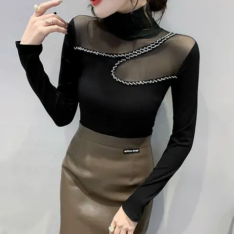 网纱拼接性感上衣女烫钻洋气高领打底衫春秋设计感小众T恤长袖潮商品大图