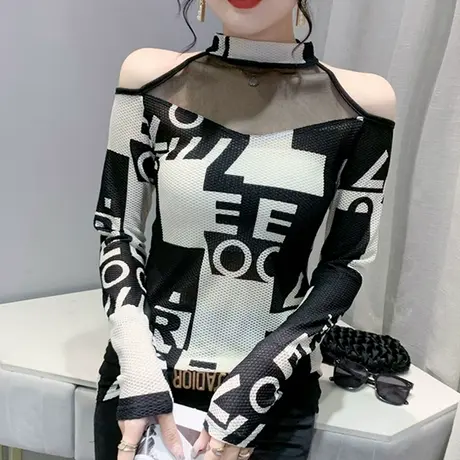 性感露肩打底衫女长袖春秋网纱拼接T恤2024潮流字母印花洋气上衣图片
