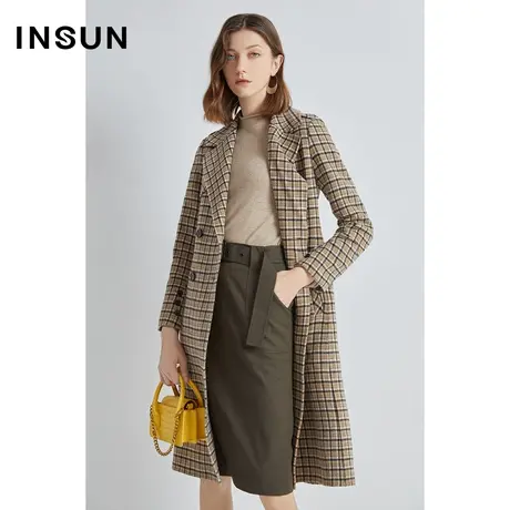 INSUN恩裳奥莱冬季格纹双排扣直筒毛呢大衣图片