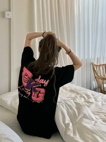 潮牌短袖t恤女2023新款夏季美式高街半袖体恤中长款遮屁股上衣服商品大图