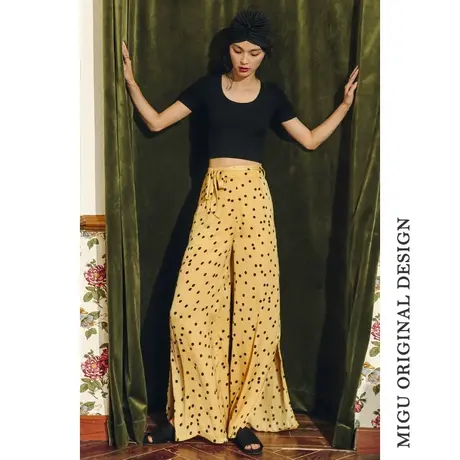 弥古波西米亚冰丝阔腿裤女夏薄款雪纺裙裤开叉长裤黄色波点花裤子商品大图