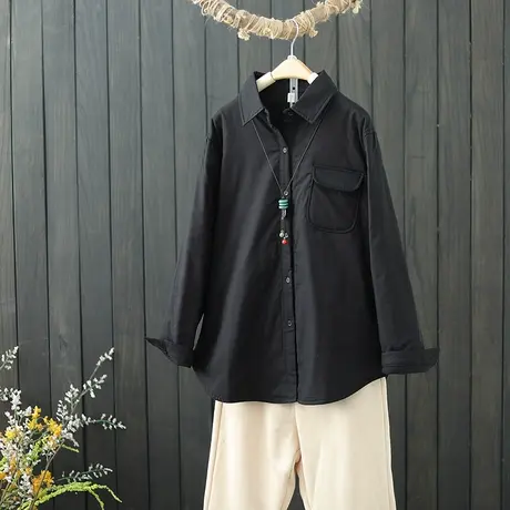 秋冬季新款夹棉打底长袖衬衫女纯色外套文艺复古翻领加厚保暖衬衣图片