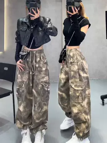 美式迷彩束脚工装裤女2023年秋冬新款高腰宽松直筒阔腿裤休闲卫裤商品大图