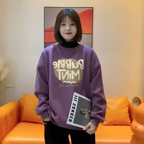 韩版字母印花宽松原宿风假两件卫衣女2023圆领加绒加厚上衣冬季潮图片
