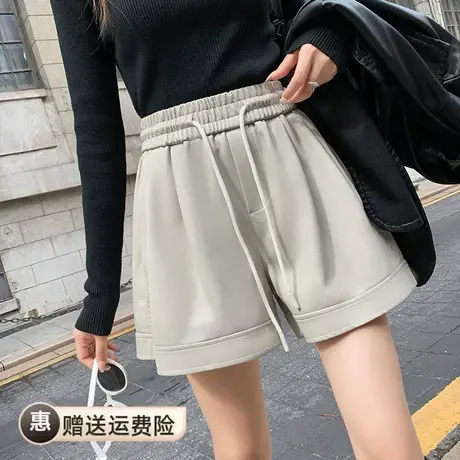 超火超软抽绳松紧高腰裤女2023秋冬新款显瘦阔腿裤pu工装皮短裤图片