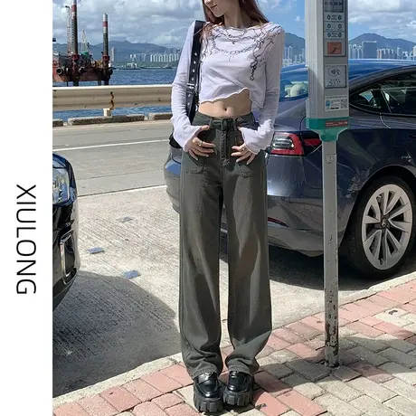 水泥灰高腰窄版阔腿牛仔裤女春秋季2023年新款显瘦直筒宽松拖地裤图片