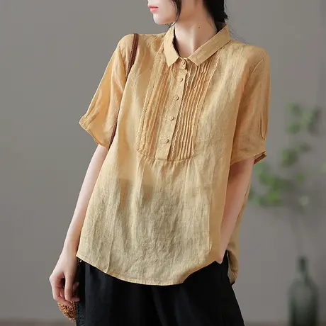 dza 复古薄款棉麻上衣女士夏季短袖衬衣气质休闲白色高端苎麻衬衫商品大图