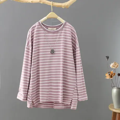 春装新款文艺条纹圆领t恤女宽松百搭长袖套头打底衫上衣体恤女装商品大图